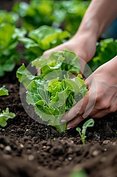 Closeup of hand planting lettuce seedlings in the ground at the garden
