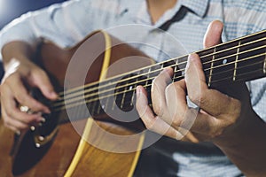 Closeup of hand playing guitar