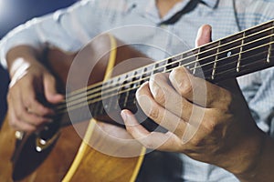 Closeup of hand playing guitar