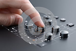 Closeup of a hand pressing illuminated control button on a futuristic black interface panel