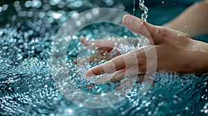 A closeup of a hand reaching for the lever to turn on the cold plunge water anticipation evident on their face. photo