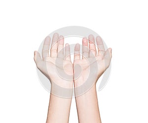 Closeup hand receive white isolated clipping path inside