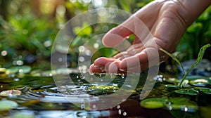 A closeup of a hand retrieving a tiny particle from the pond photo