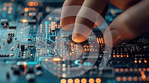 Closeup of Hand Selecting Electronics Device on Schematic Background: Precision and Technology in Focus