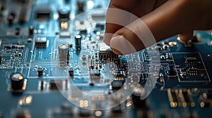 Closeup of Hand Selecting Electronics Device on Schematic Background: Precision and Technology in Focus