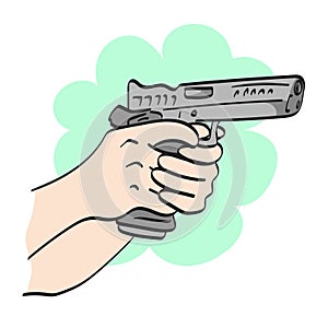 closeup hand shooting with short gun illustration vector hand drawn isolated on white background line art