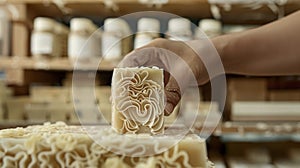 A closeup of a hand ting a block of soap revealing the intricate layers and designs within. In the background shelves of