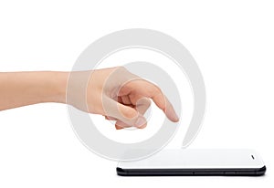 Closeup hand touching on smart phone on white background