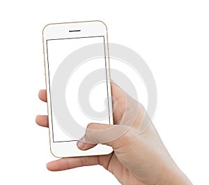 Closeup hand use phone gold color isolated on white background