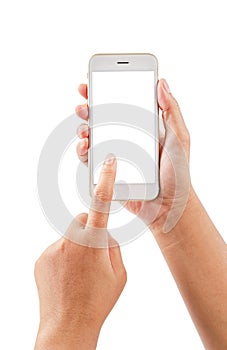Closeup hand using phone isolated on white background.