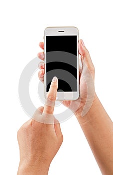 Closeup hand using phone isolated on white background.
