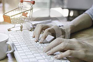 Closeup hand of woman using computer for e-commerce or shopping concept