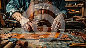 closeup hand working process leather handcraft in the leather workshop. Man holding crafting tool and working. He is