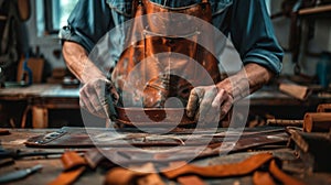 closeup hand working process leather handcraft in the leather workshop. Man holding crafting tool and working. He is