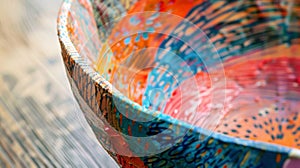A closeup of a handpainted paper mache bowl made entirely from recycled paper. The bowl features intricate brushstrokes photo