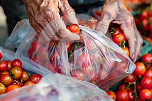 closeup of hands bagging tamarillos at market