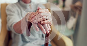 Closeup, hands and cane with old woman, retirement and support for cancer, medical problem or resting. Zoom, elderly