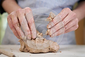 Closeup hands of ceramic artist wedging clay in art studio photo