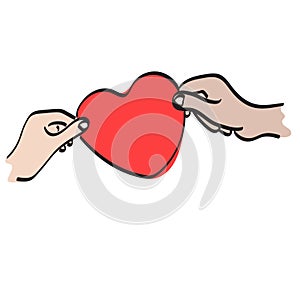 Closeup hands of couple holding red heart paper illustration vector hand drawn isolated on white background line art