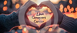 A Closeup Of Hands Creating A Heart Shape With The Text Love Conquers Cancer photo