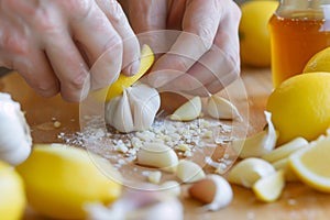 closeup of hands crushing garlic with lemon and honey preparations beside