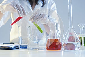 Closeup of Hands of Female Laboratory Staff Working With Liquids Specimens in Flasks in Laboratory photo