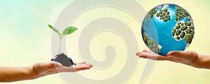 Closeup hands holding earth draw with chalk. World harmony green peace environment earth day together concept banner. Panoramic