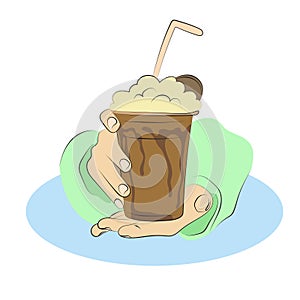 closeup hands holding iced coffee or latte in takeaway plastic cup with whipping cream illustration vector hand drawn isolated on