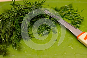 Closeup hands holding knife chopping, cutting green onion, scalliion.