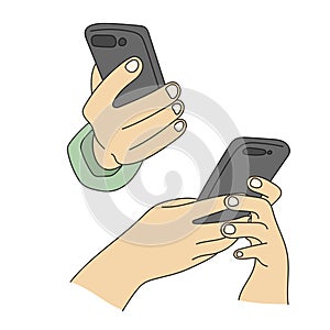 closeup Hands holding mobile phone illustration vector hand drawn with black lines