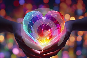 Closeup of hands holding a rainbow heart. Generative ai photo