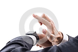 Closeup hands of man using his smartwatch.