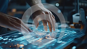 A closeup of hands manipulating a complex assembly task with a video tutorial playing on a nearby screen marrying photo