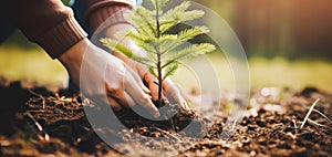 closeup of hands planting pine tree seedling in forest soil. sustainable forestry, renewable resources