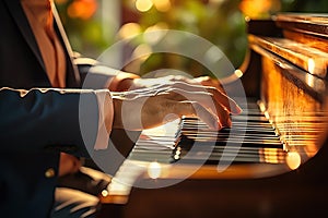 Closeup of Hands Playing Piano Outdoors, Bokeh Lights Adorn the Background with Musical Brilliance. created with Generative AI