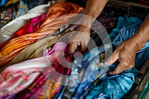 closeup of hands rifling through a bin of silk scarves