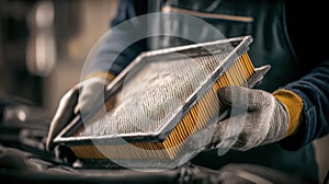 Closeup on hands with tools replacing a rectangular engine air filter made of highefficiency particulate air HEPA