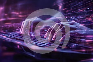 Closeup of hands typing on a keyboard with digital technology hologram