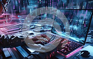 Closeup of hands typing on a keyboard with digital technology, software development concept. Coding programmer, software engineer