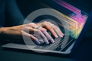 Typing on laptop keyboard for data science and machine learning artificial intelligence concepts image