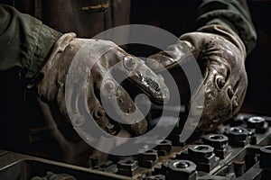 Closeup of the hands of a welder working in a factory,A closeup view of factory laborer hands in action, AI Generated