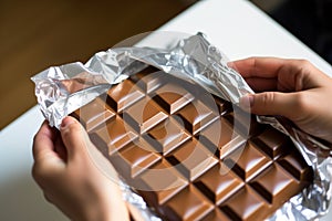 closeup of hands wrapping a chocolate bar in foil