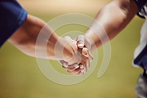 Closeup, handshake and baseball for game, match or contest with respect in sport on field. Shaking hands, man and