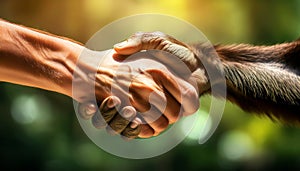 Close-up of Handshake Between a Human Hand and a Monkey Hand - Generative Ai