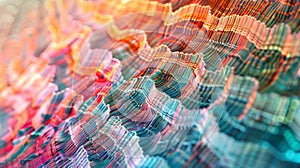 A closeup of a handwoven tapestry with a pixelated design made using programmable LEDs. The combination of traditional