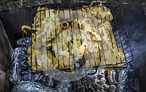 Closeup of Ã±harcoal outdoor barbecue, chicken on the grill with flames