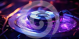 Closeup hard drive disc CD ROM. Purple neon record player. Music vinyl dj booth. Digital hardware equipment.