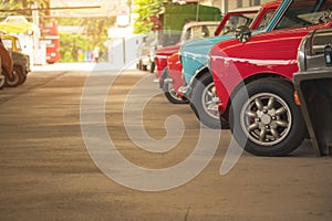 Closeup head ligths classic cars in a row. Retro car, American classics concept