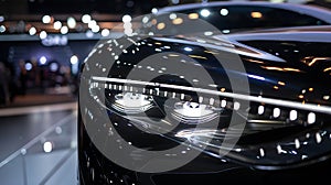 A closeup of headlamps on a car at night illuminating the grille and hood