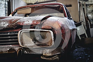 Closeup of the headlights of an abandoned broken car with a blurry background